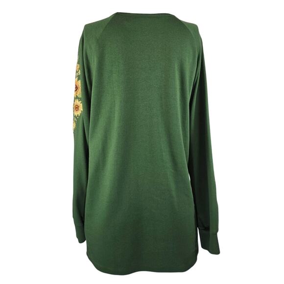 Quacker Factory Green Sun Flower Embroidered Bling Design Long Sleeve Top L - Picture 3 of 6